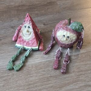 Vintage set of 2 Anthropomorphic Fruit Shelf Sitters, Apple and Watermelon